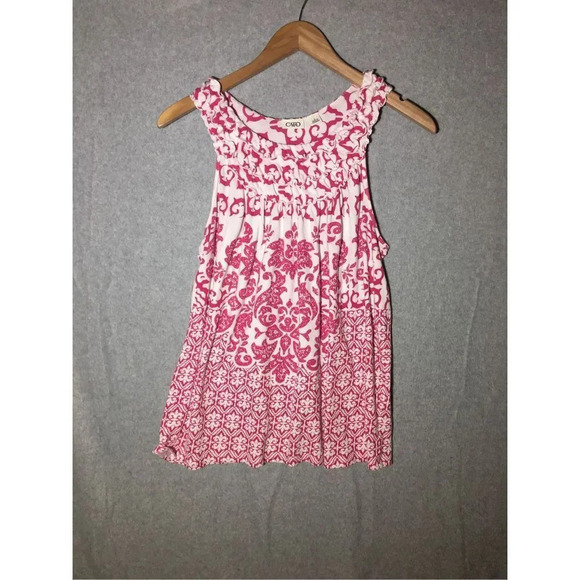 Womens Cato Tank Top Pink White Swirly Patterned Ruffle Y2K 2000s - Picture 1 of 6